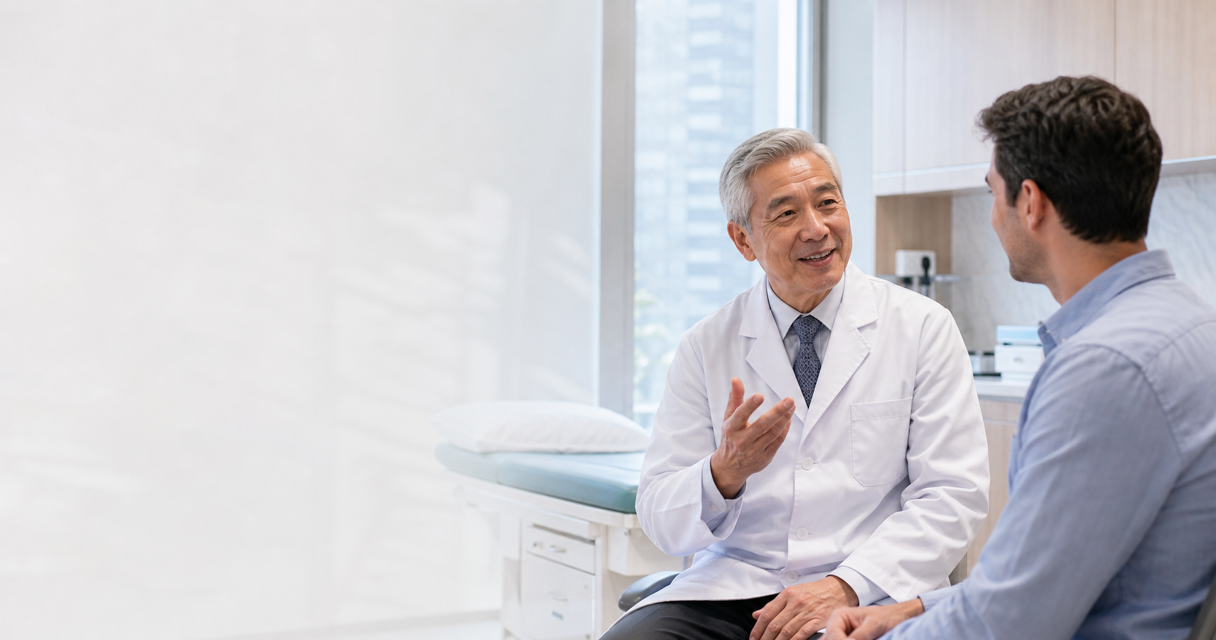 Doctor consulting an international patient in a modern clinic