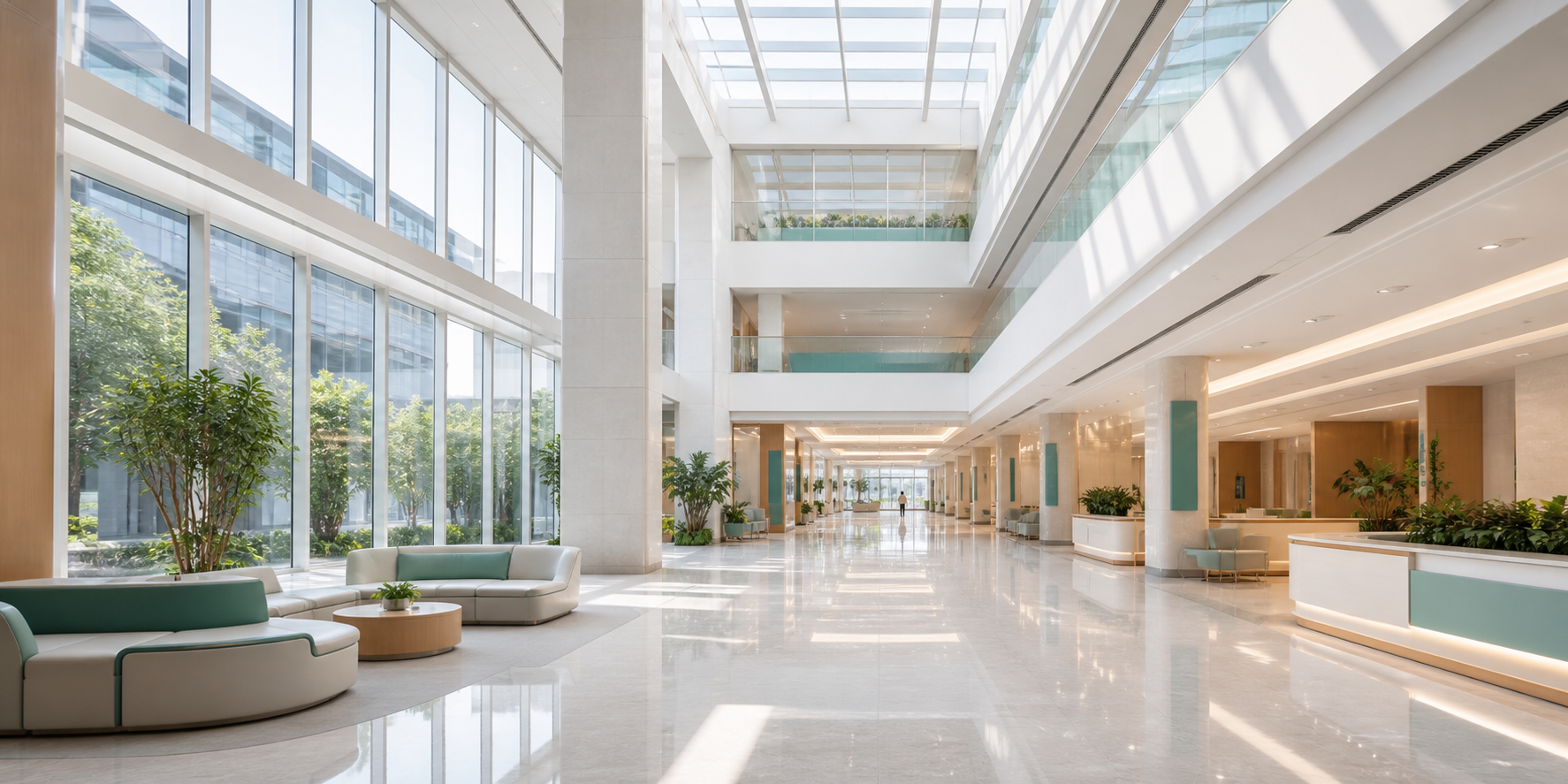 Bright modern hospital atrium with glass and greenery