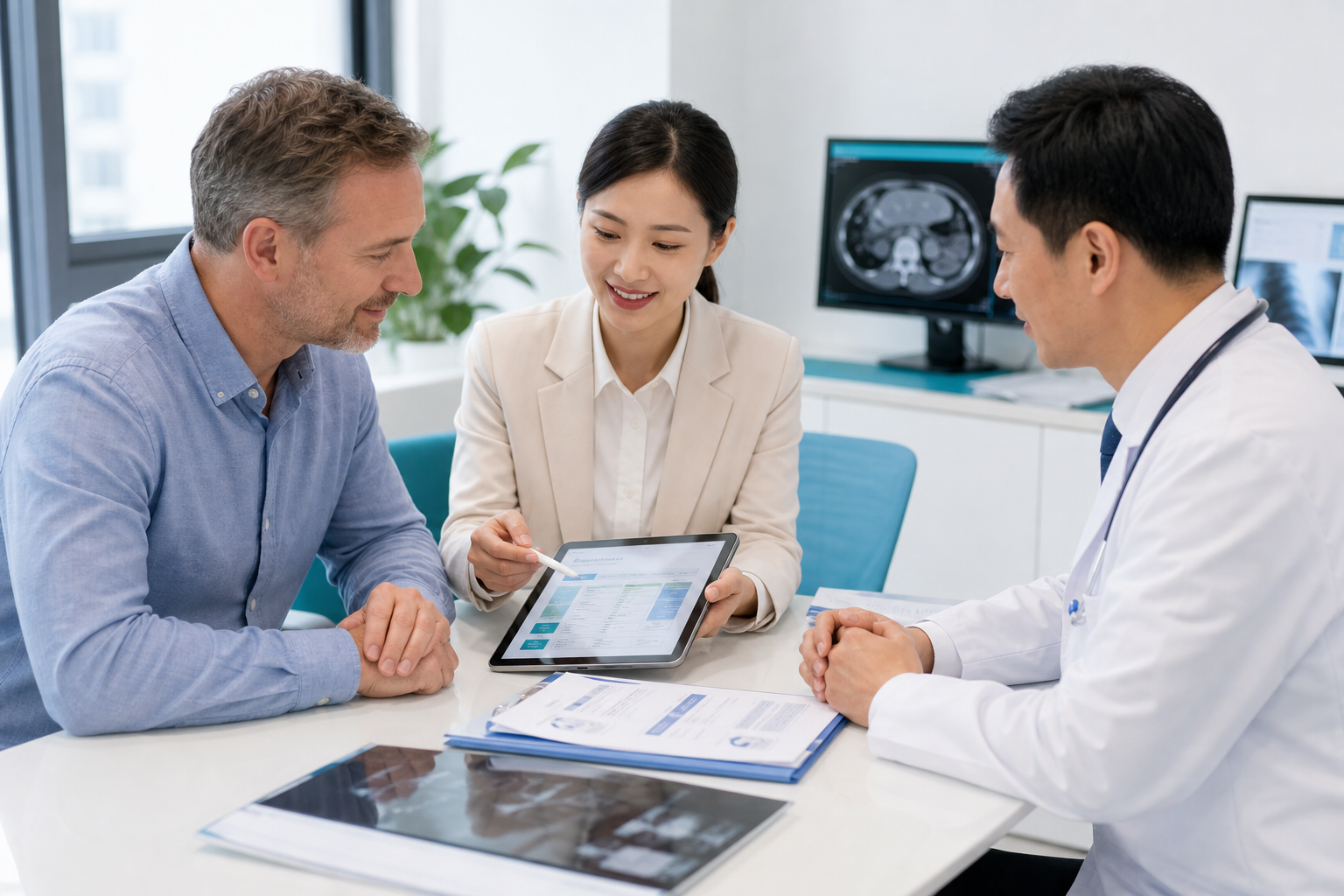International patient discussing a coordinated care plan with a medical team